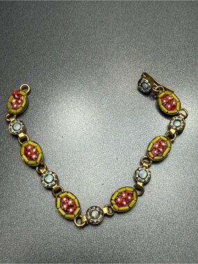Vintage Micro Mosaic Red and Gold Floral Bracelet #mo170